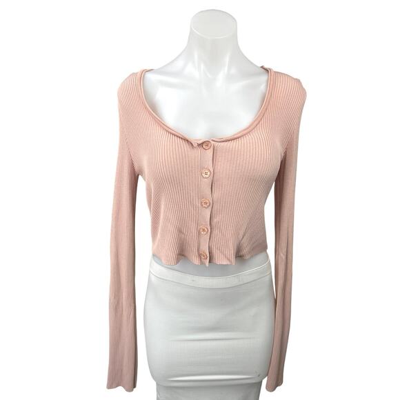 Zara Pink Ribbed Knit Button Down Long Sleeve Crop Cardigan Sweater Top Size S - Picture 1 of 4